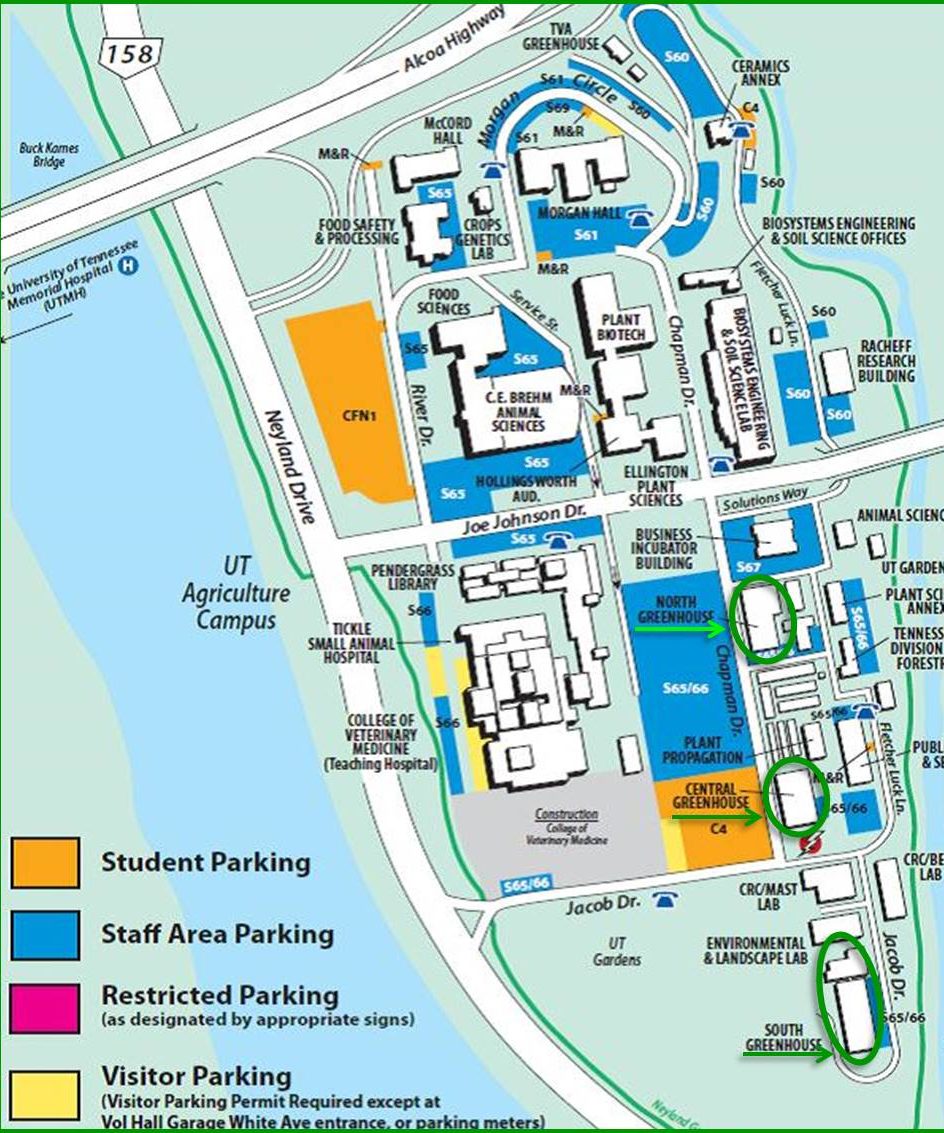 Campus map with greenhouses circled in green 