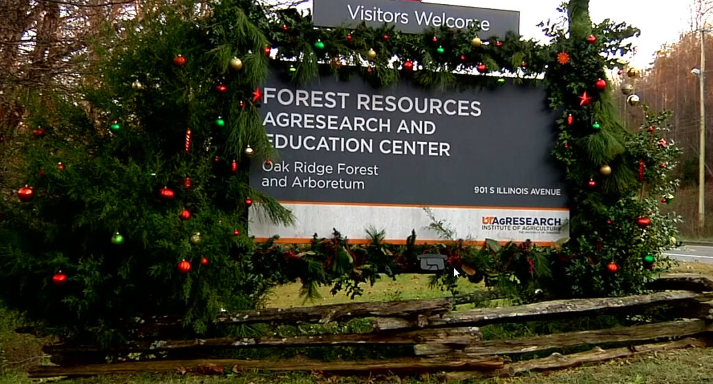 FRREC Holiday decorations on entrance sign.