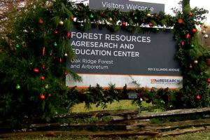 FRREC Holiday decorations on entrance sign.