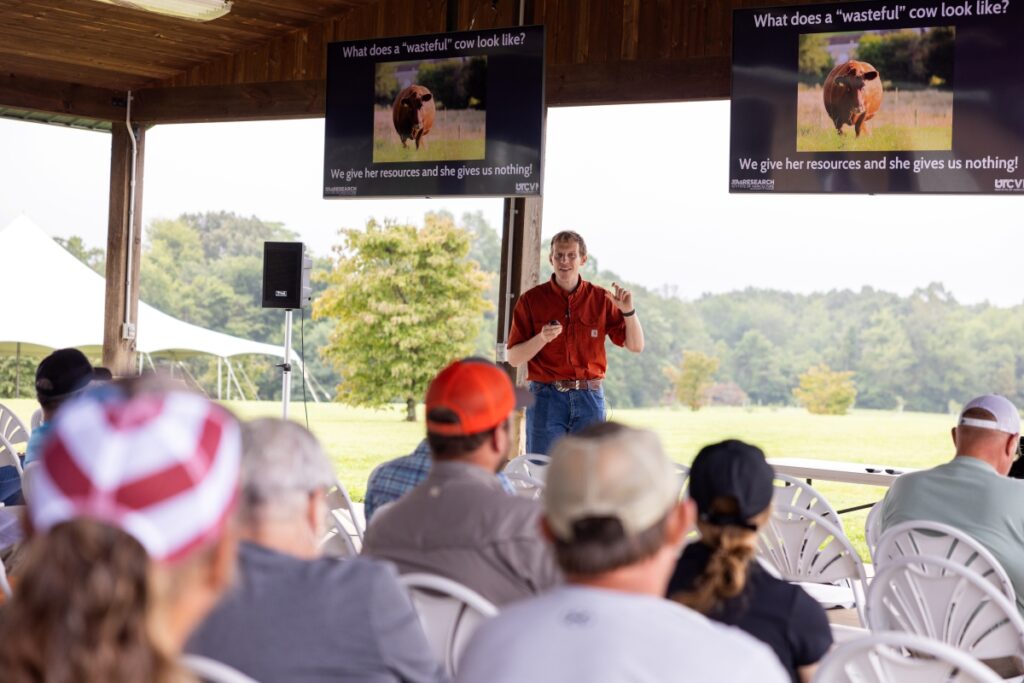 Troy Rowan, faculty member in the UT Department of Animal Science, delivers a presentation to a crowd at the 2025 Steak and Potatoes Field Day at the UT AgResearch Plateau Research and Education Center in Crossville, Tennessee