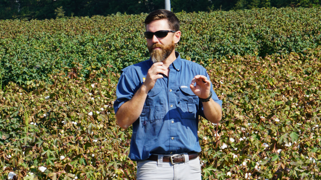 A presenter standing in a field with a microphone